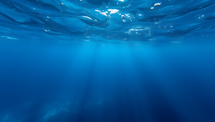 A dramatic underwater view of the deep blue sea during a storm, with abstract blurred waves and dynamic motion, evoking intensity and mystery