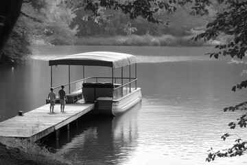 Relaxing Pontoon Boat Floats Near Dock Under Sunny Canopy