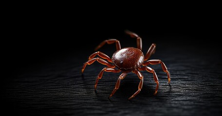 A detailed close-up of a reddish-brown spider on a dark surface.