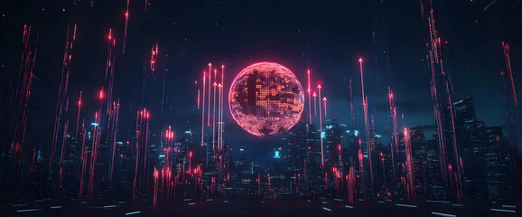 Fototapeta premium Neon Cityscape Data Streams & Moon
