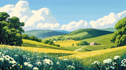 Idyllic Summer Landscape: Rolling Hills, Blooming Meadows, and a Sunny Sky
