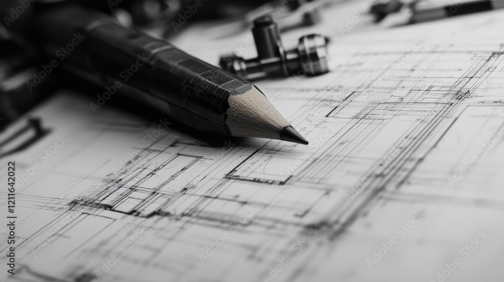 Poster A close-up of a pencil placed on an architectural drawing, with mechanical parts and technical drawings visible in the background, focusing on precision.