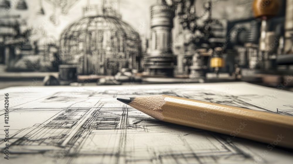 Poster A close-up of a pencil placed on an architectural drawing, with mechanical parts and technical drawings visible in the background, focusing on precision.