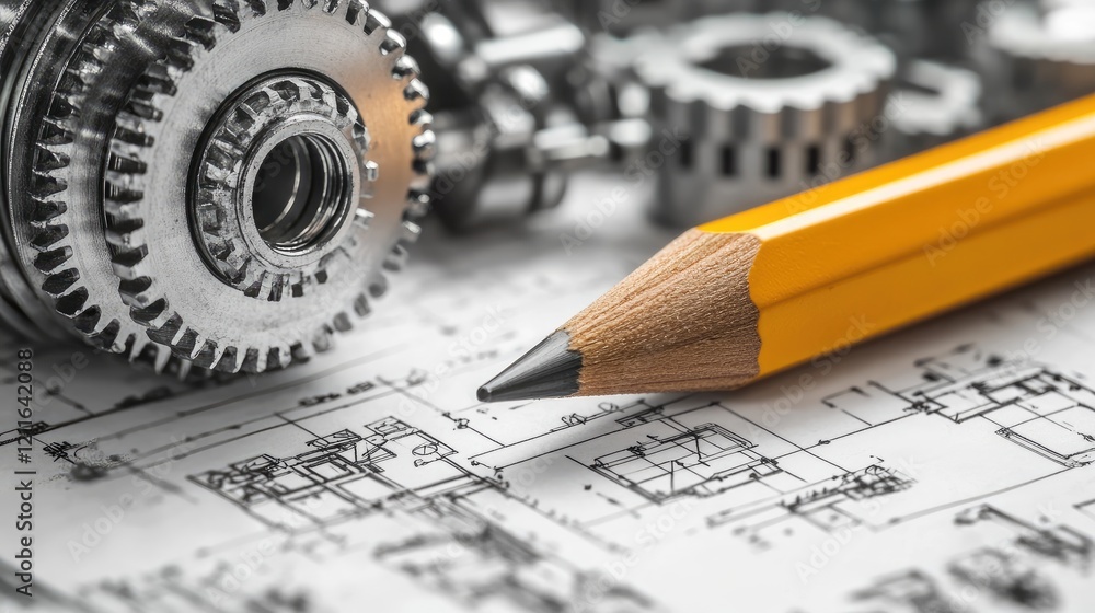 Poster A close-up of a pencil placed on an architectural drawing, with mechanical parts and technical drawings visible in the background, focusing on precision.