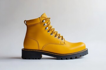 Yellow leather ankle boots with black sole, laces, and metal eyelets on white background.