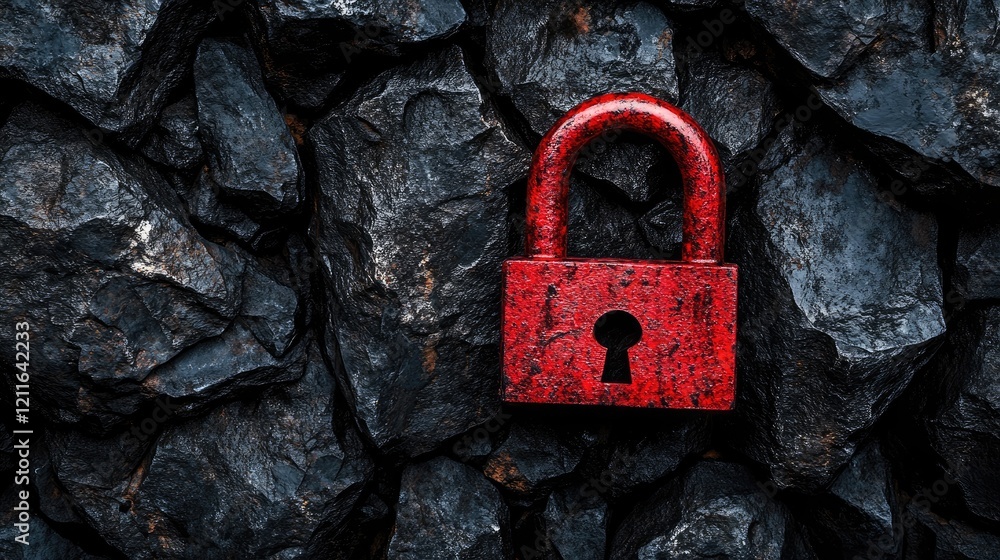 Poster A close-up of a red padlock on dark jagged stones, symbolizing security in a striking visual contrast between the vibrant red and black textures.