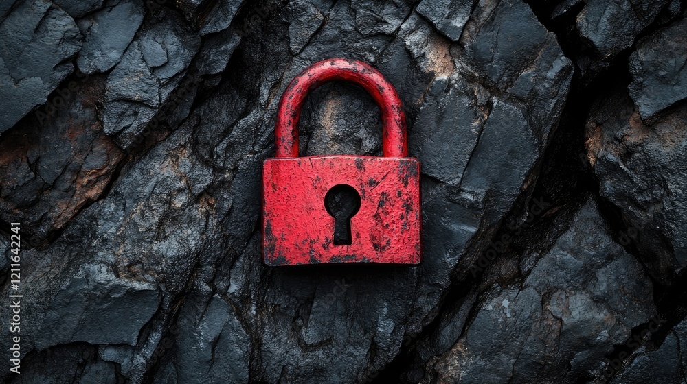 Poster a close-up of a red padlock on dark jagged stones, symbolizing security in a striking visual contras