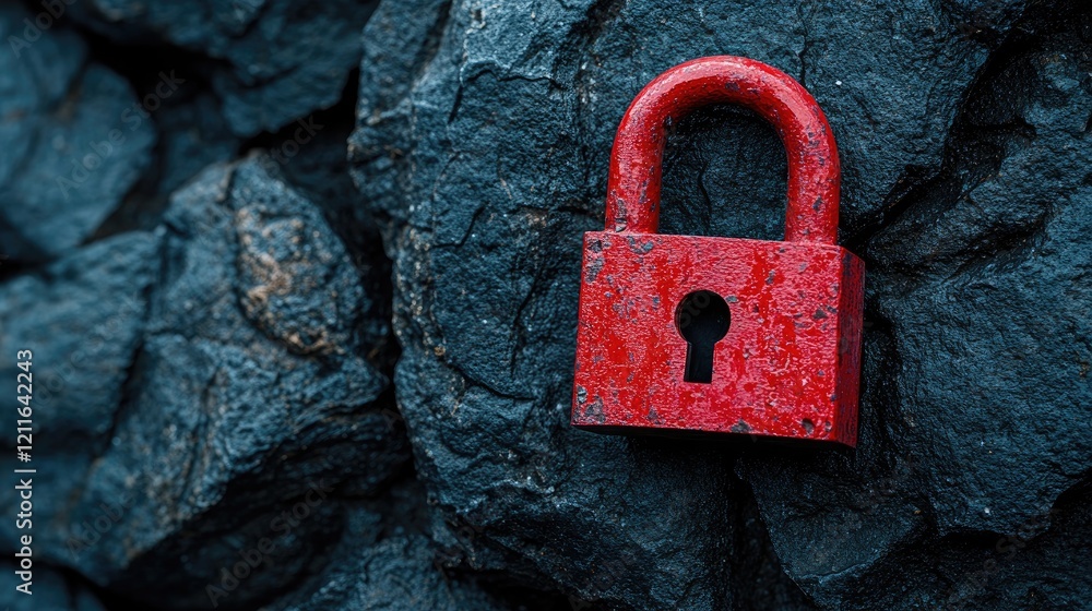 Poster A close-up of a red padlock on dark jagged stones, symbolizing security in a striking visual contrast between the vibrant red and black textures.