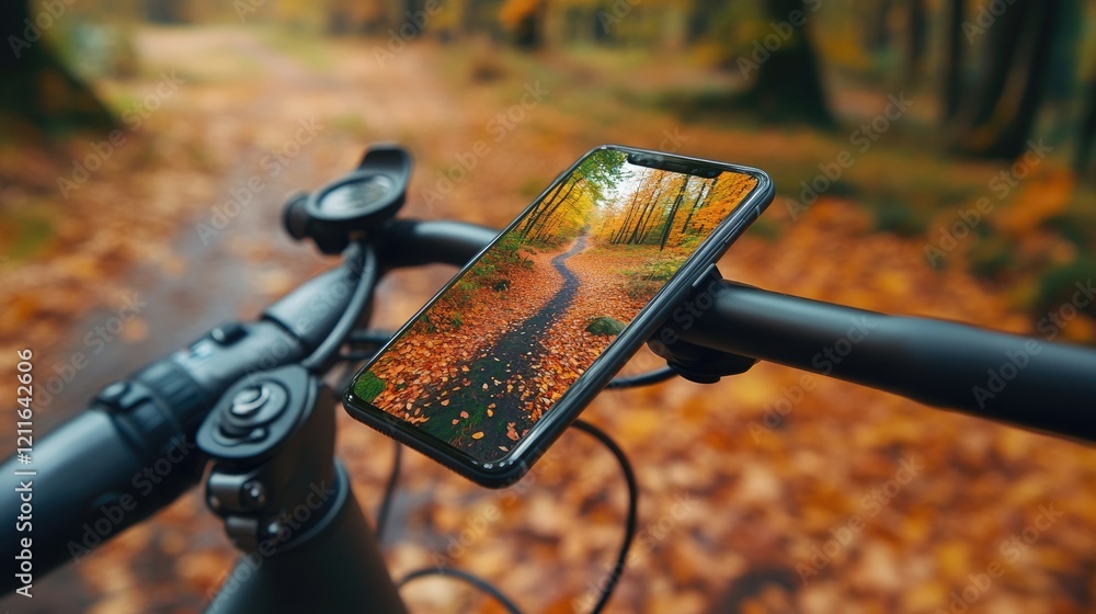 Poster a close-up of a smartphone on a bicycle handlebar, showcasing a map or photo of an autumn forest tra