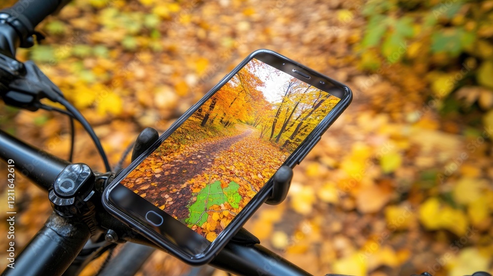 Poster a close-up of a smartphone on a bicycle handlebar, showcasing a map or photo of an autumn forest tra