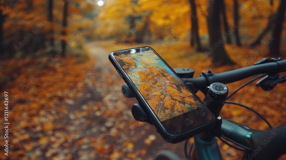 Poster a close-up of a smartphone on a bicycle handlebar, showcasing a map or photo of an autumn forest tra