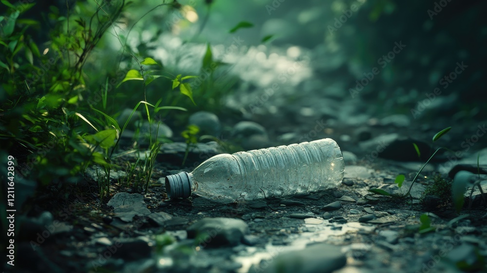 Poster a close-up of an empty plastic bottle lying on the ground in a natural environment, emphasizing the 
