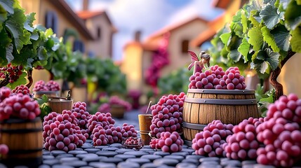 Fairy Gathering Grapes in a Charming Village.