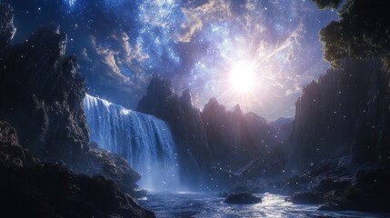 Fototapeta premium Celestial Waterfall: A Dreamlike Night Landscape