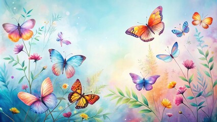 Fototapeta premium Serene Watercolor Butterflies Dancing Amongst Vibrant Wildflowers on a Dreamy Pastel Background