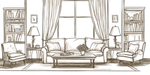 Elegant Living Room Sketch Showing Comfortable Furniture and Bookshelves