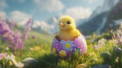 Yellow duckling emerging from decorative egg in vibrant spring meadow