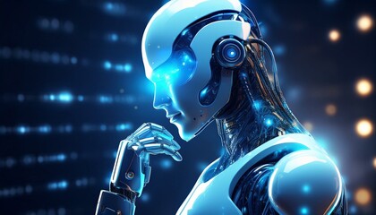 Fototapeta premium Futuristic AI Robot – Thinking Cyborg with Blue Lights, Advanced Technology, Artificial Intelligence Concept, and Robotics Design
