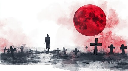 Fototapeta premium Solitude Under a Blood Moon in a Cemetery