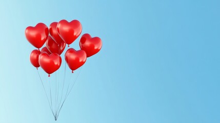 Red heart shaped balloons floating in blue sky