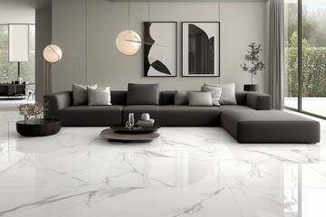 Refined living room with a large gray sofa, white marble flooring, and minimalist lighting.