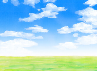 緑の草原と青空水彩画