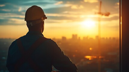 Skilled Worker Installing Glass Window During Urban Construction at Sunset