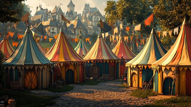 Medieval Fairytale Market Street with Colorful Striped Tents and Stone Cobblestone Path.