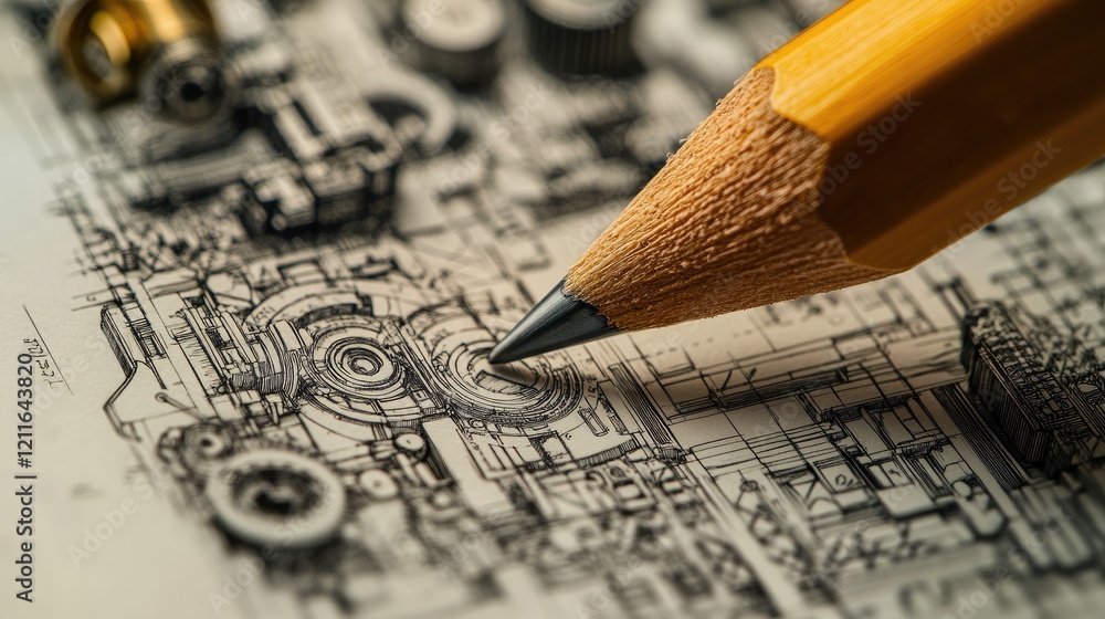 Poster a close-up photo of a pencil on a technical drawing, with intricate mechanical parts in the backgrou