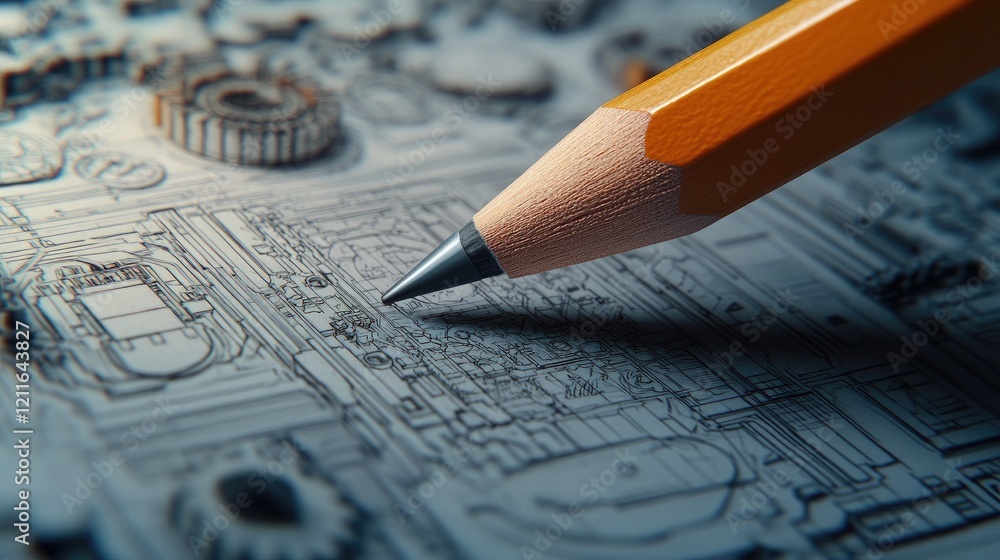 Poster a close-up photo of a pencil on a technical drawing, with intricate mechanical parts in the backgrou