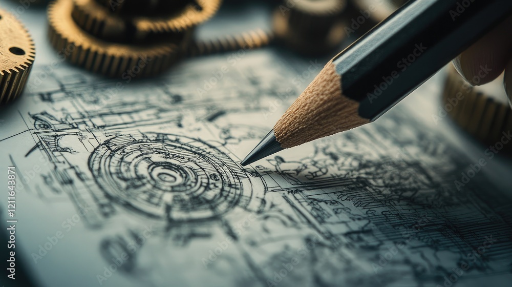 Poster a close-up photo of a pencil on a technical drawing, with intricate mechanical parts in the backgrou