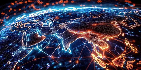 Blue abstract representation of Asia featuring intricate lines and dots.