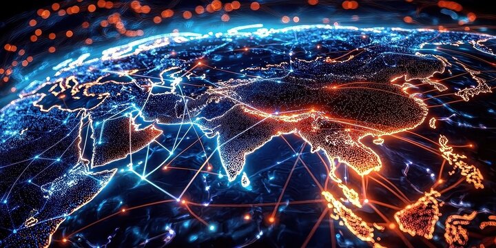 Blue abstract representation of Asia featuring intricate lines and dots.