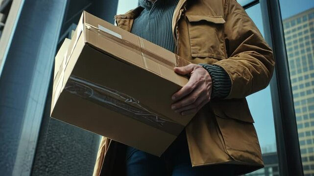 Delivery driver arrives at urban building with package in hand on a bright day