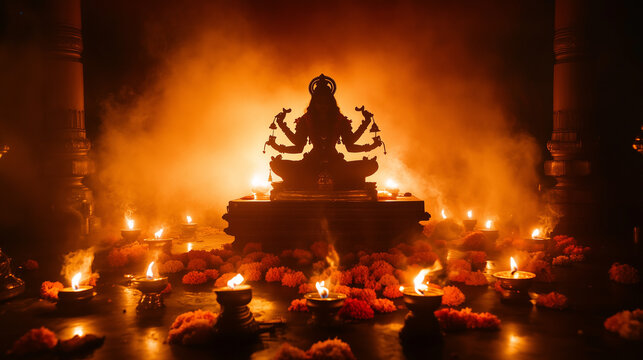 Chaitra Navratri, silhouette of Goddess Durga against the backdrop of orange and red twilight sky, small lamps lit around a simple altar, Ai generated images