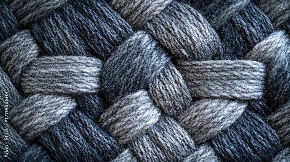 Poster a close-up shot of woven wool yarn in shades of gray, seamlessly creating a pattern that evokes the 