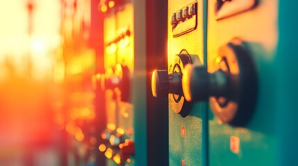 Obraz premium Technician Inspecting High Voltage Circuit Breaker in Industrial Substation with Power Lines and