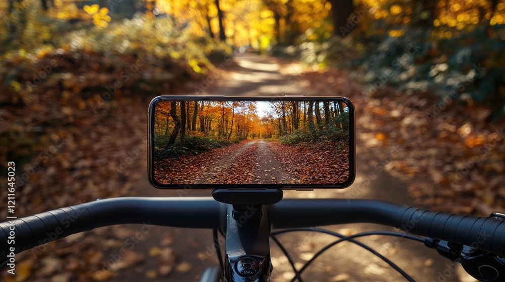 Poster a close-up view of a smartphone mounted on a bicycle's handlebars, displaying a photograph of a scen