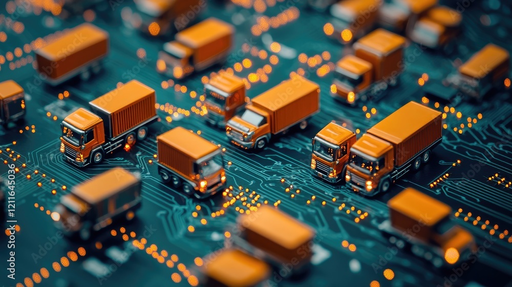 Poster a cluster of miniature orange trucks placed on a digital circuit board, symbolizing logistics and te