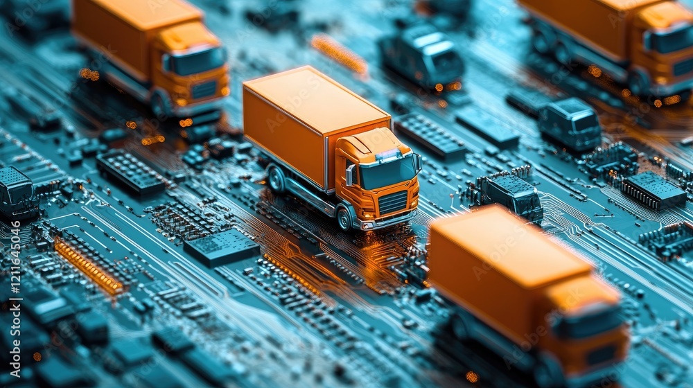 Poster a cluster of miniature orange trucks placed on a digital circuit board, symbolizing logistics and te