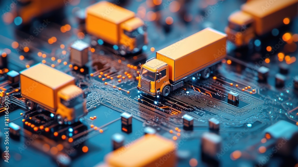 Poster a cluster of miniature orange trucks placed on a digital circuit board, symbolizing logistics and te