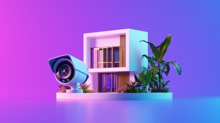 Modern Home Design with Surveillance Camera and Green Plants