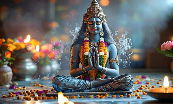 Serene Hindu goddess statue meditating, temple setting, incense burning, spiritual peace