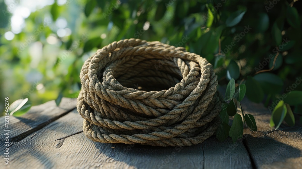 Poster a coil of string rope, ready for use, placed on a wooden surface with natural lighting.