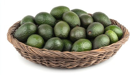 A collection of ripe avocados neatly arranged in a wicker basket on a solid white background, with space for side text.