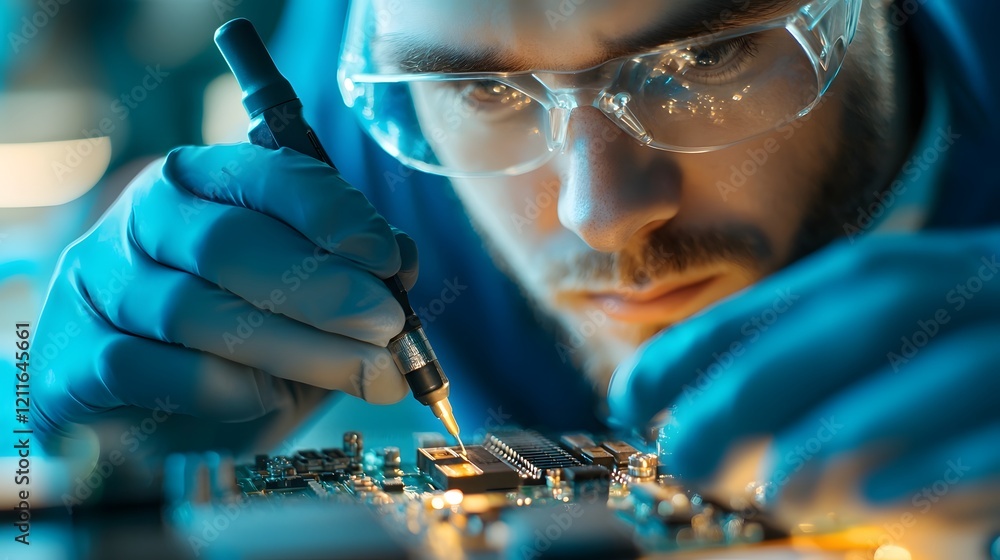 Poster skilled technician precisely handles delicate battery components in advanced laboratory setting