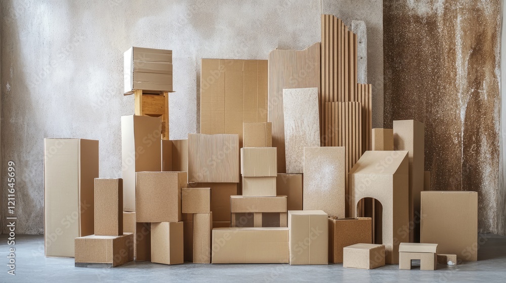 Poster a collection of well-packaged cardboard shipping boxes, all set to be transported or moved to a new 