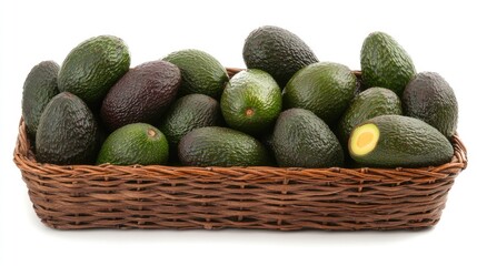 A collection of ripe avocados neatly arranged in a wicker basket on a solid white background, with space for side text.