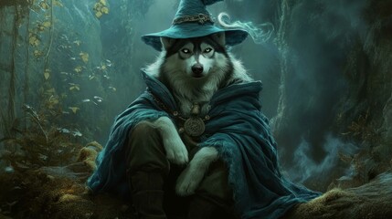 A husky dressed as a wizard, complete with a pointy hat and robe, sitting majestically in a whimsical forest setting