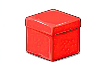 Fototapeta premium Bright red square jelly container filled with small fruit pieces, set against a clean white backdrop